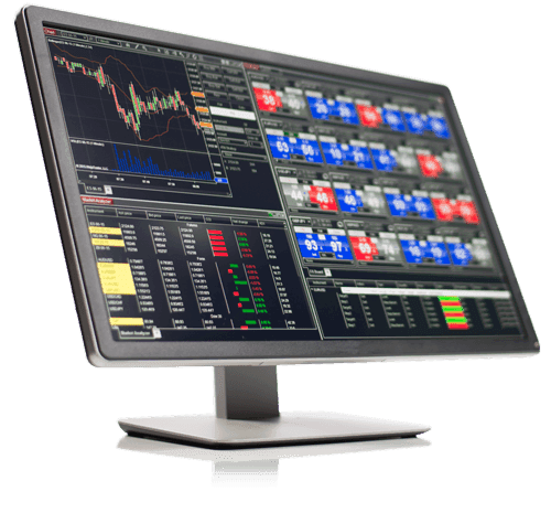 The NinjaTrader platform showing charts and an order entry ladder